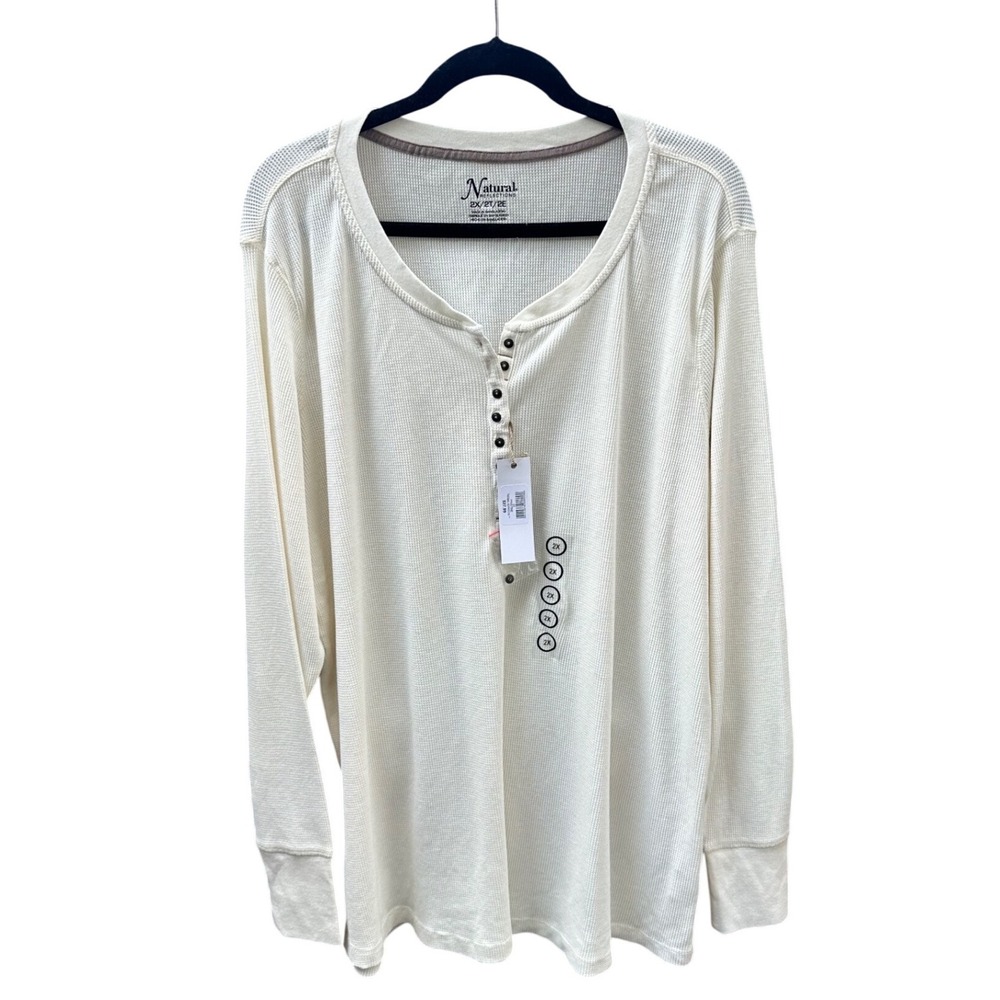 Natural Reflections Womens 2X Thermal Henley Top Long Sleeve Waffle Knit White